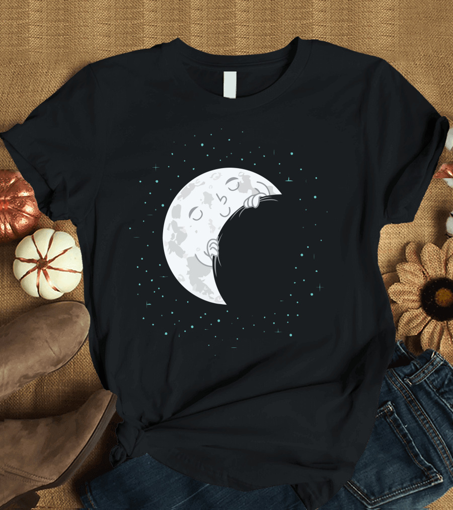 Sleepy Moon Embracing Nighttime Stars T-Shirt