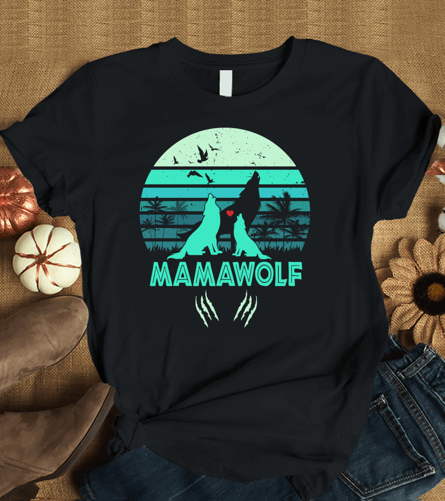 Mamawolf Howling Wolves Tropical Sunset with Heart and Claw Marks T-Shirt