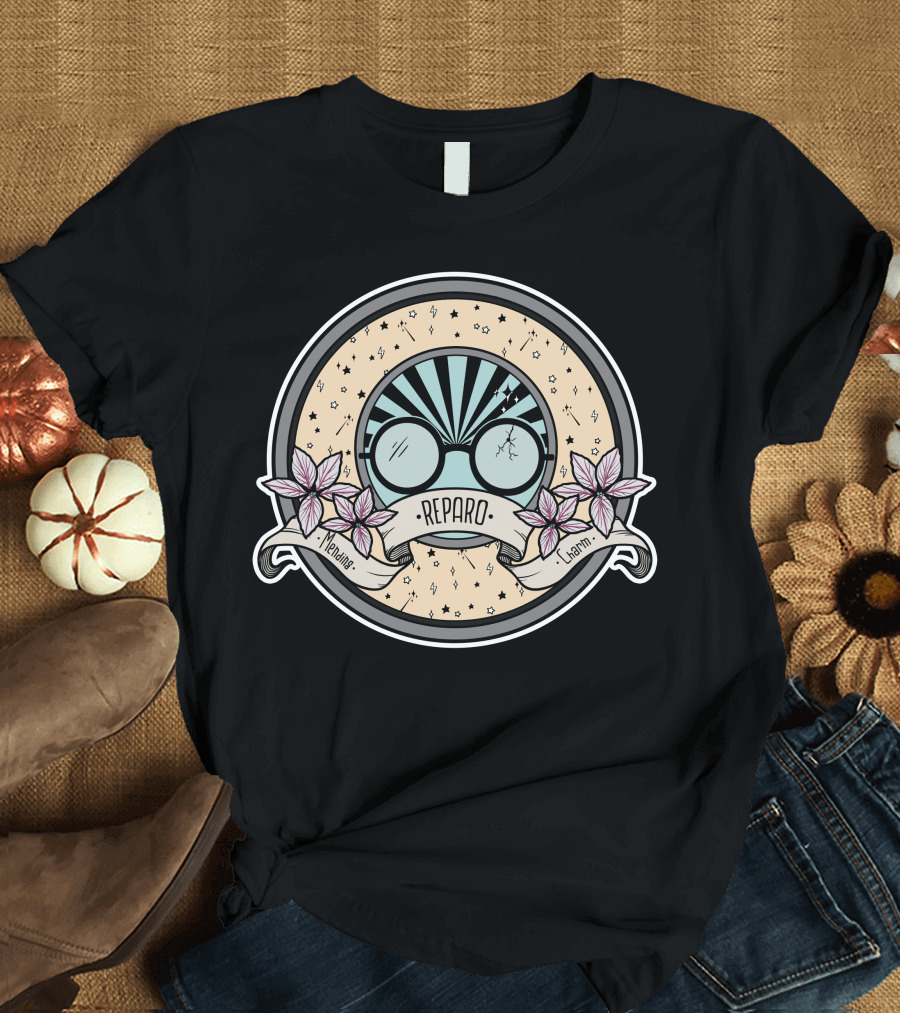 Reparo Mending Charm Glasses with Starry Background and Flowers T-Shirt