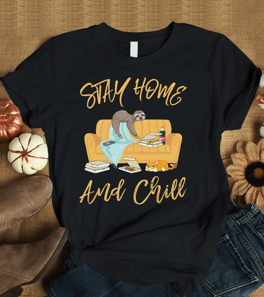 Stay Home And Chill Sloth Pizza Couch Cat T-Shirt