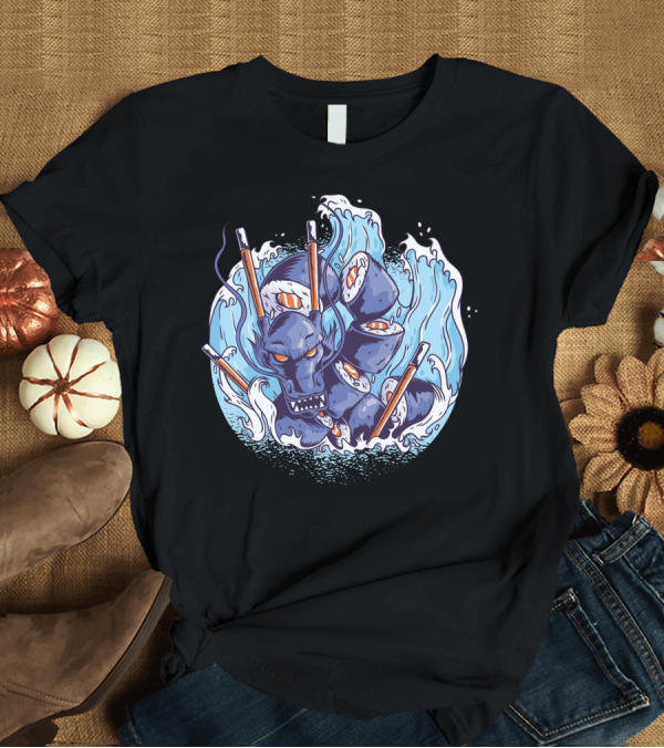 T-Shirt: Sushi Dragon Sea Serpent with Chopsticks and Waves T-Shirt Sushi Dragon Sea Serpent with Chopsticks and Waves T-Shirt