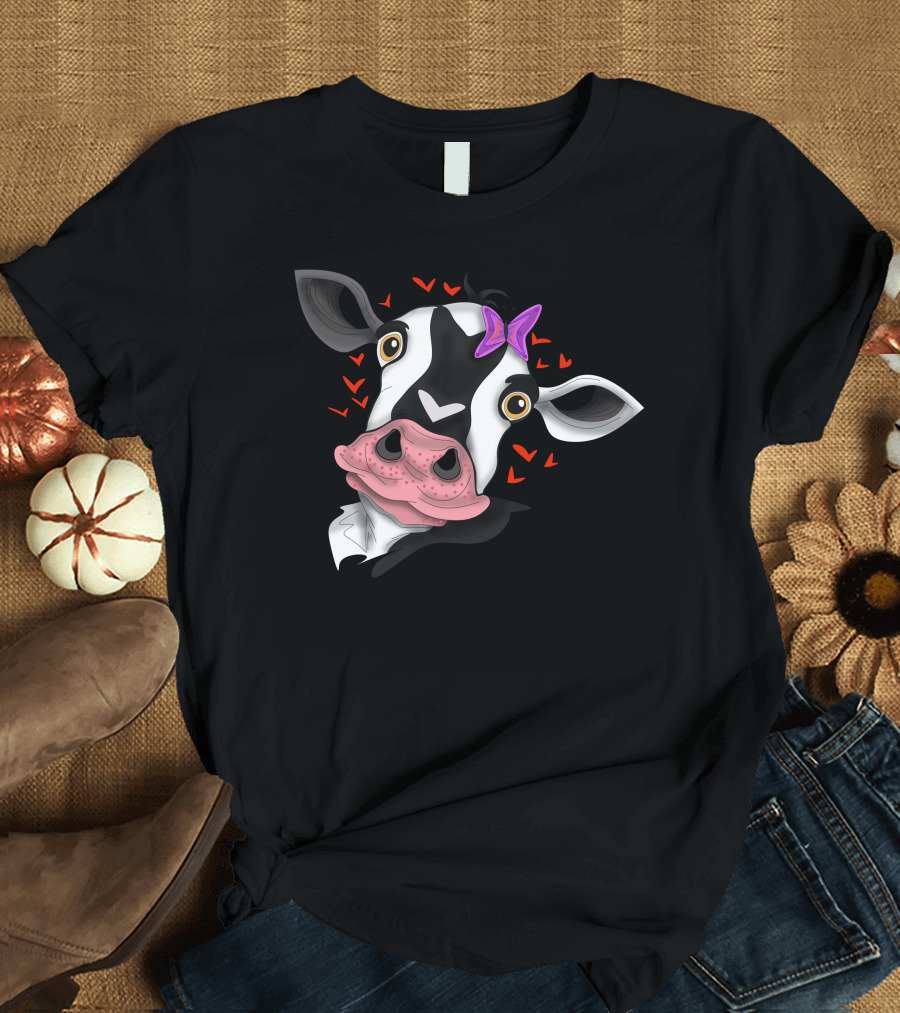 Sweet Mini Cow with Hearts and Purple Bow T-Shirt