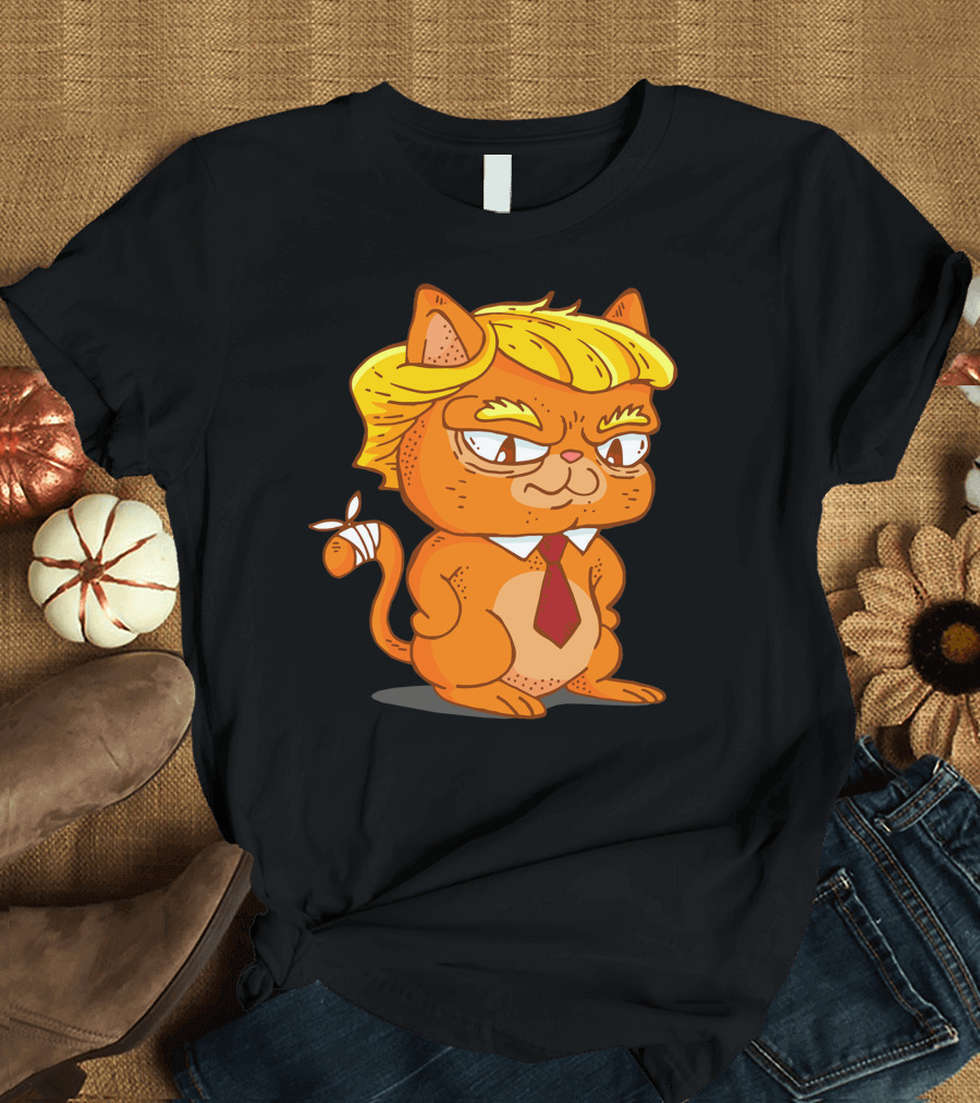 Trump Cat Cartoon Character in Tie and Yellow Hair T-Shirt