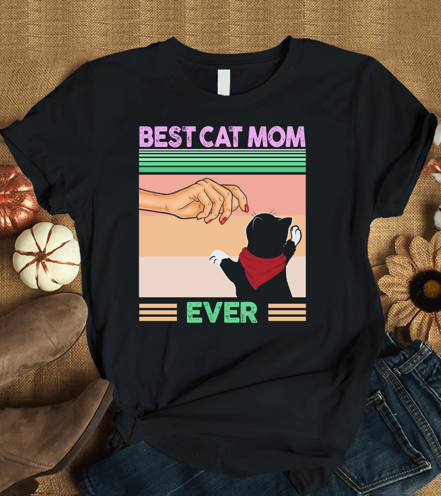 Best Cat Mom Ever Vintage Retro Stripes Cat And Human Hand Interaction T-Shirt
