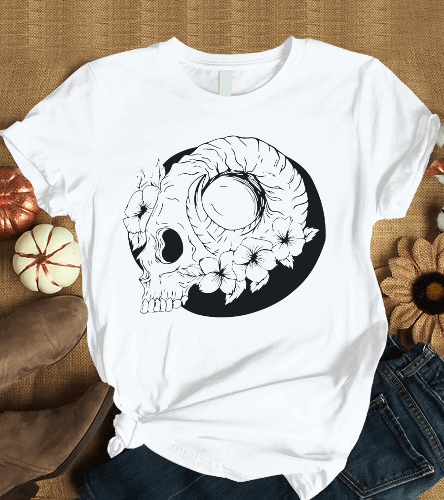 Dark Floral Skull Moon Design with Roses and Shadows T-Shirt