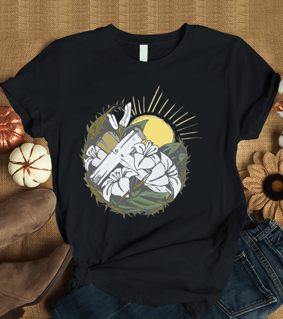 Crucifix Sunlit Lilies and Crown of Thorns T-Shirt