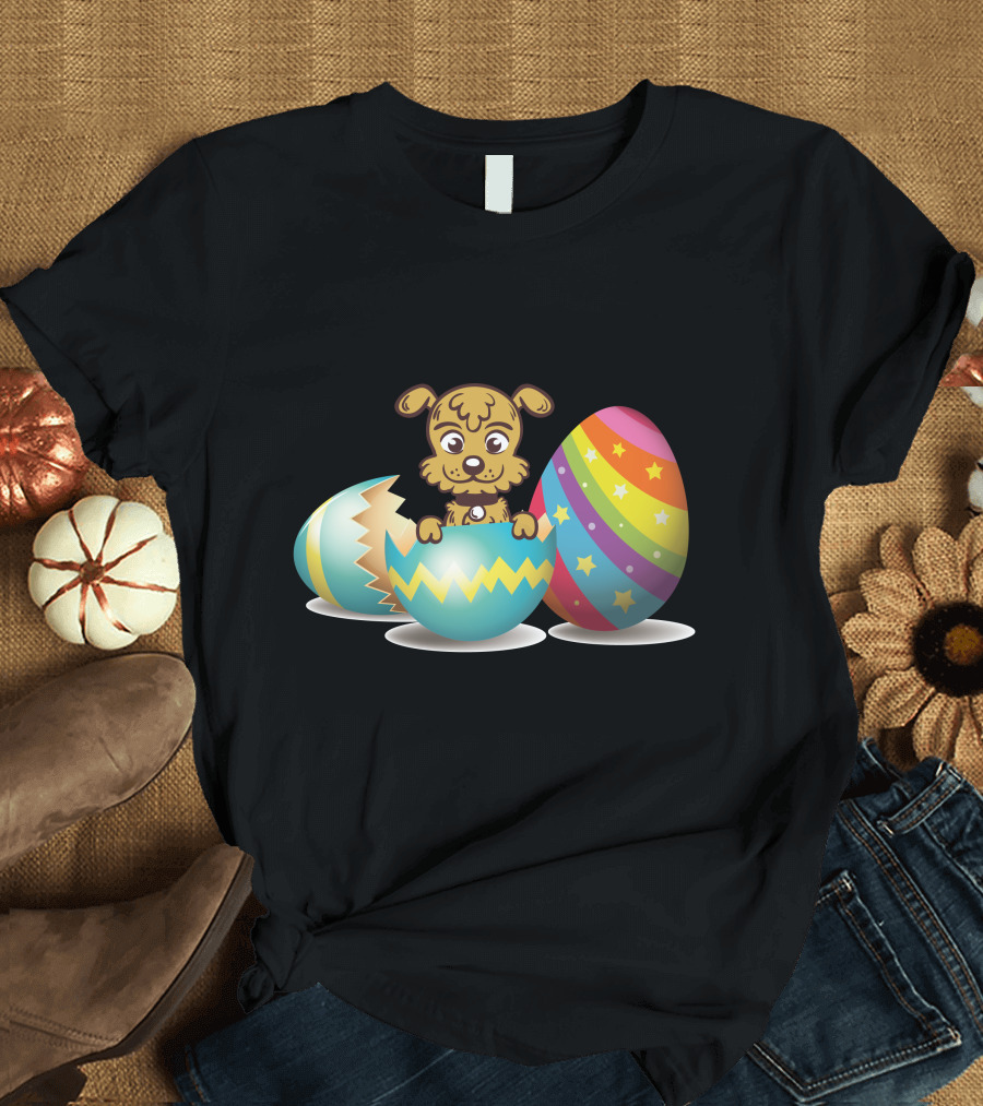 Dog Popping Out of Colorful Easter Eggs Striped with Stars and Zigzags T-Shirt
