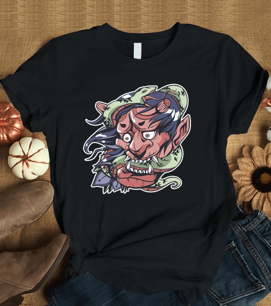 Snake Demon Oni Mask Serpent Wrapping T-Shirt