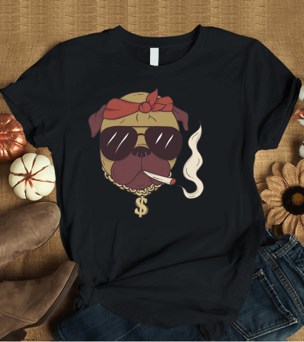 T-Shirt: Thug Pug Dollar Chain Bandana Sunglasses Smoking Cool Dog T-Shirt Thug Pug Dollar Chain Bandana Sunglasses Smoking Cool Dog T-Shirt