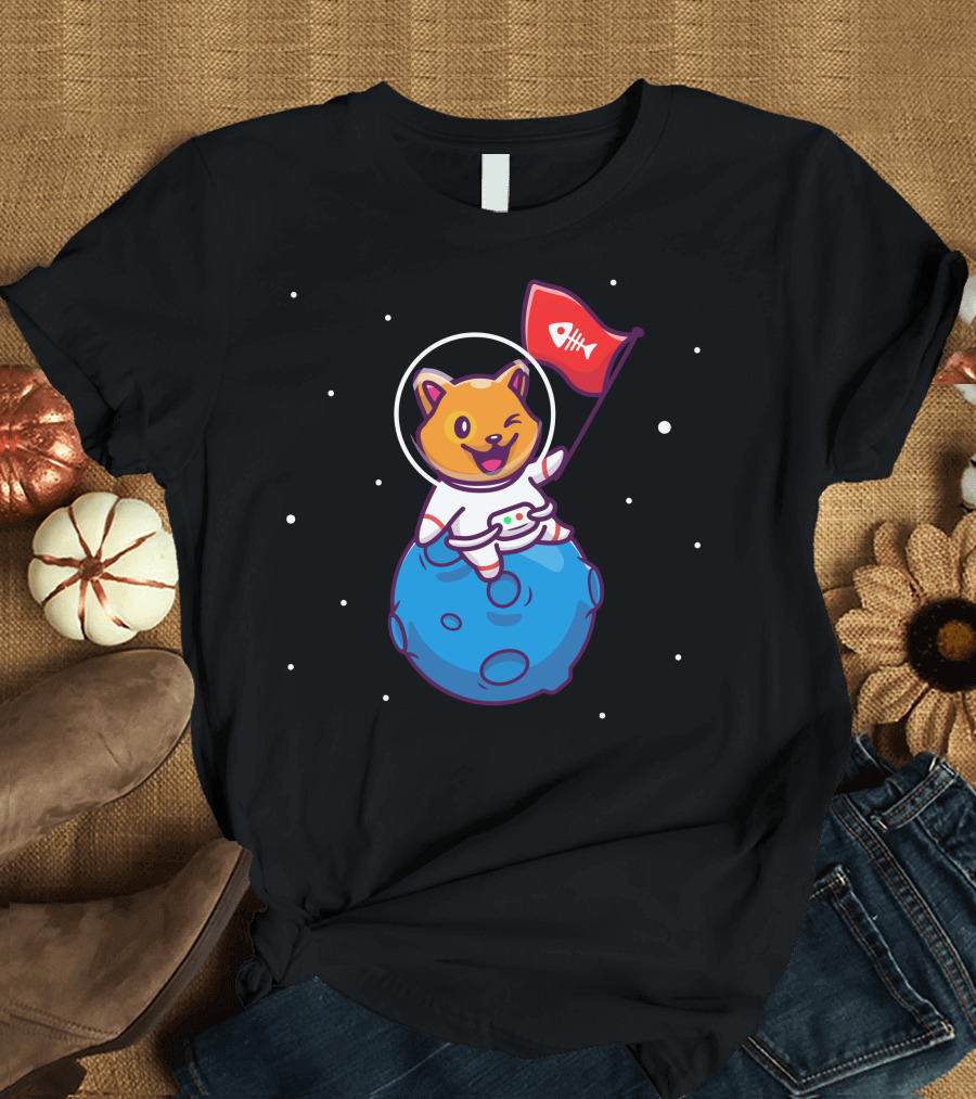 Astronaut Cat Holding Red Fish Bone Flag on Moon T-Shirt