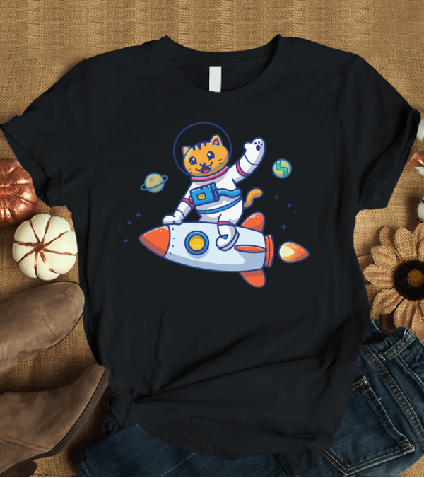 T-Shirt: Astronaut Cat in Space Waving Riding Colorful Rocket with Planets T-Shirt Astronaut Cat in Space Waving Riding Colorful Rocket with Planets T-Shirt