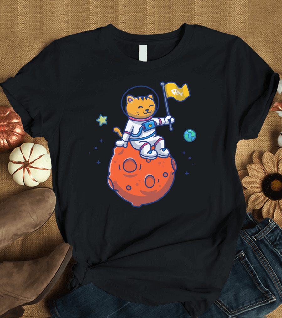 Astronaut Cat Smiling on Orange Planet with Fishbone Flag and Stars T-Shirt