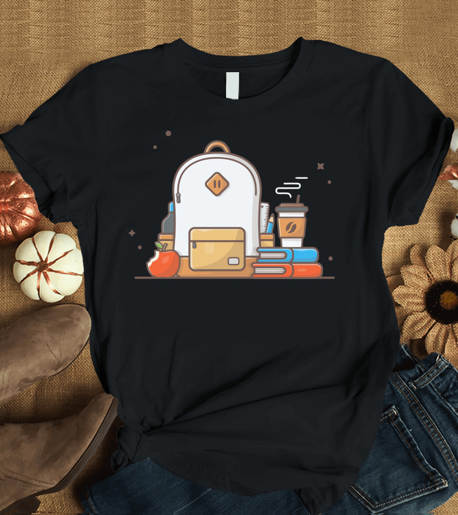 Backpack with Apple, Books, and Coffee Cup T-Shirt