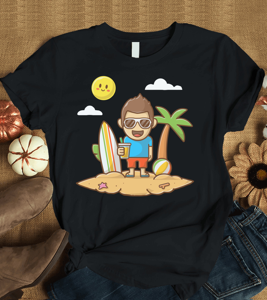 Boy Enjoying Summer on Beach with Surfboard and Tropical Vibes T-Shirt