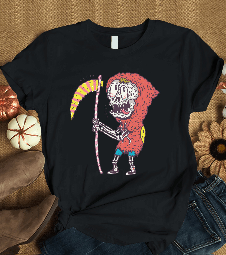 Candyreaper Skeleton in Hood with Striped Scythe T-Shirt