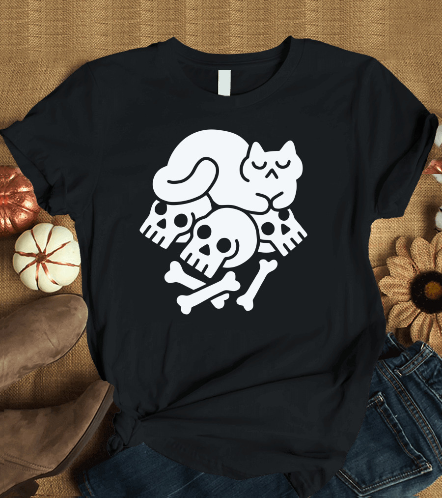 Cat Sleeping on Skulls and Bones T-Shirt