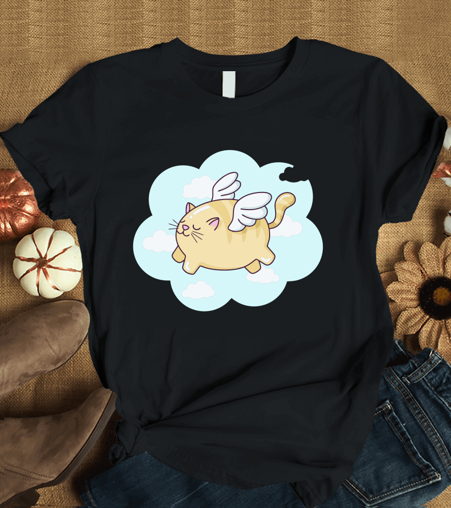 Flying Cat with Wings and Clouds in Cartoon T-Shirt