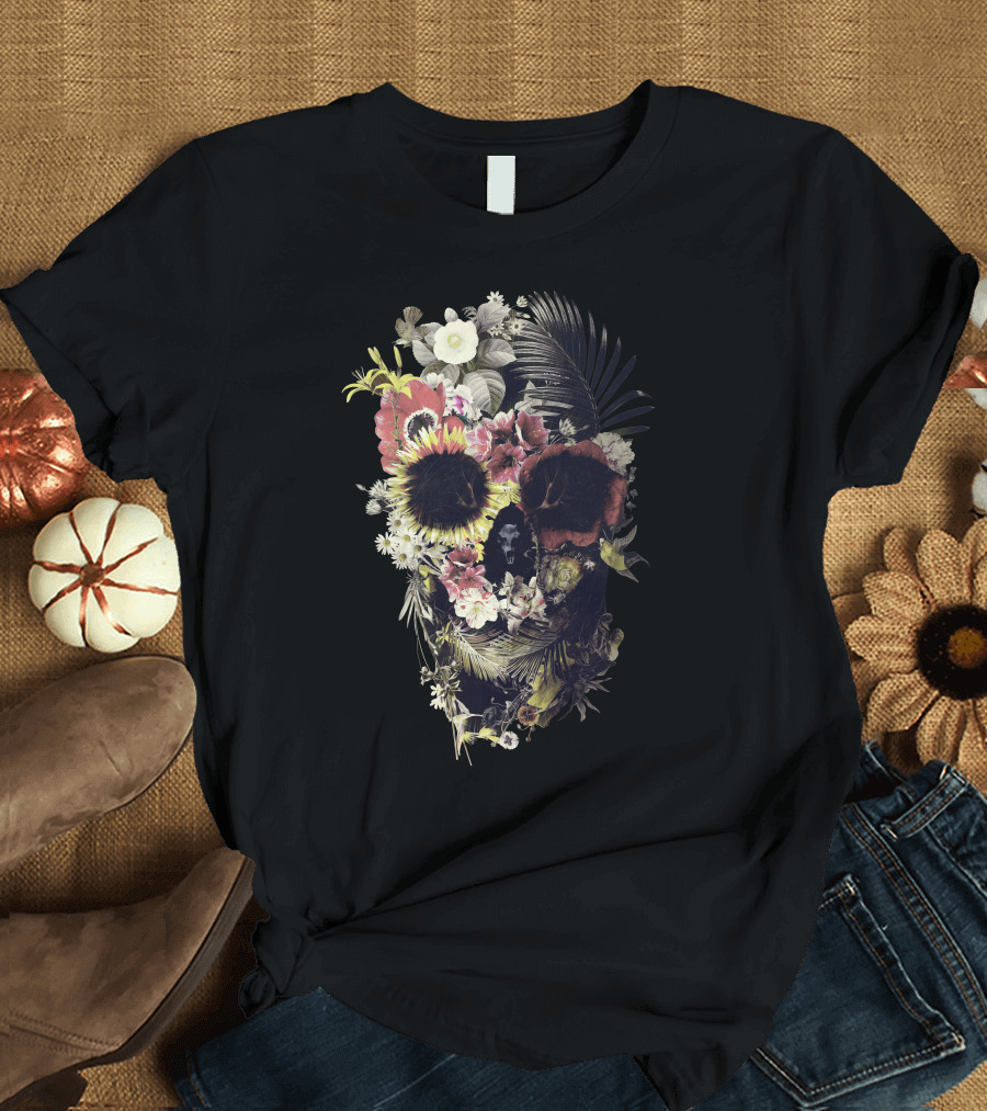 Garden Skull Floral Arrangement Botanic Collage T-Shirt