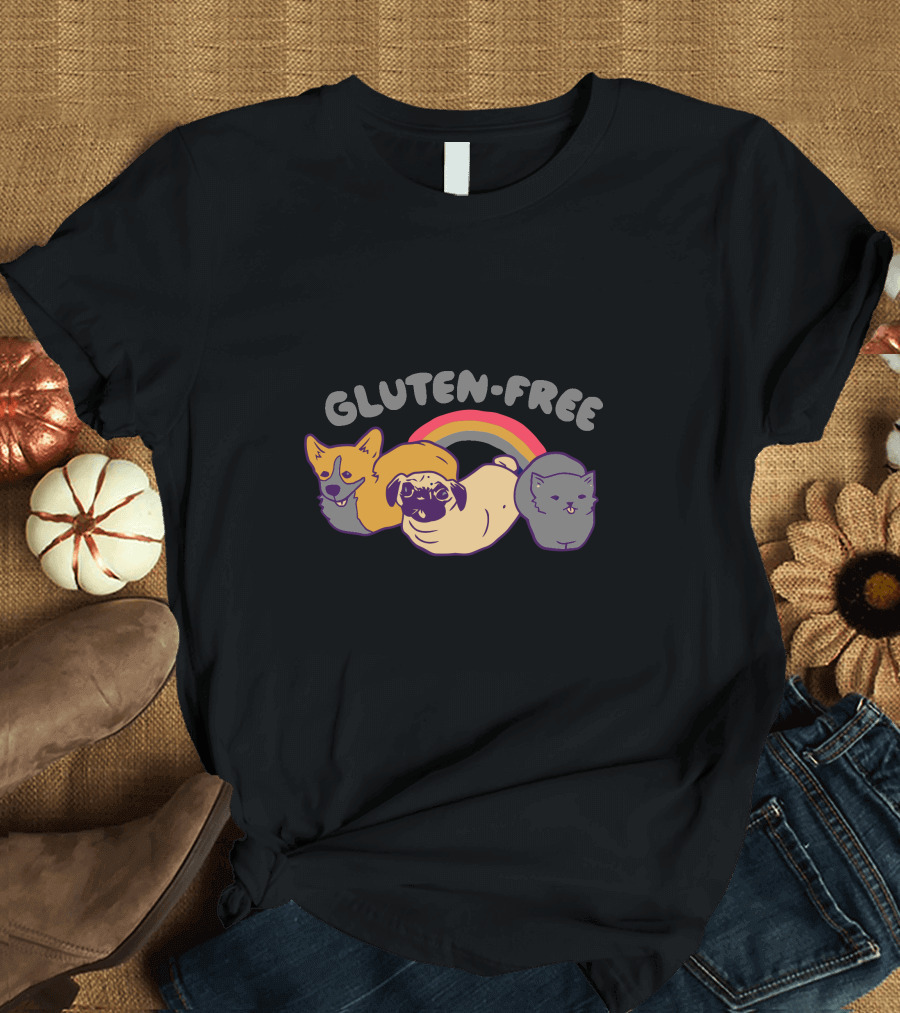 Gluten-Free Corgi Pug Cat Rainbow T-Shirt