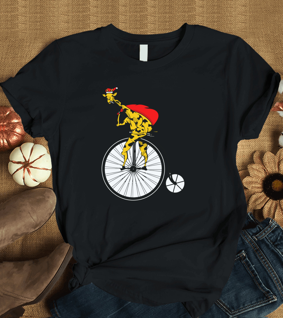 Santa Giraffe Riding Vintage Bicycle with Red Cape and Hat T-Shirt