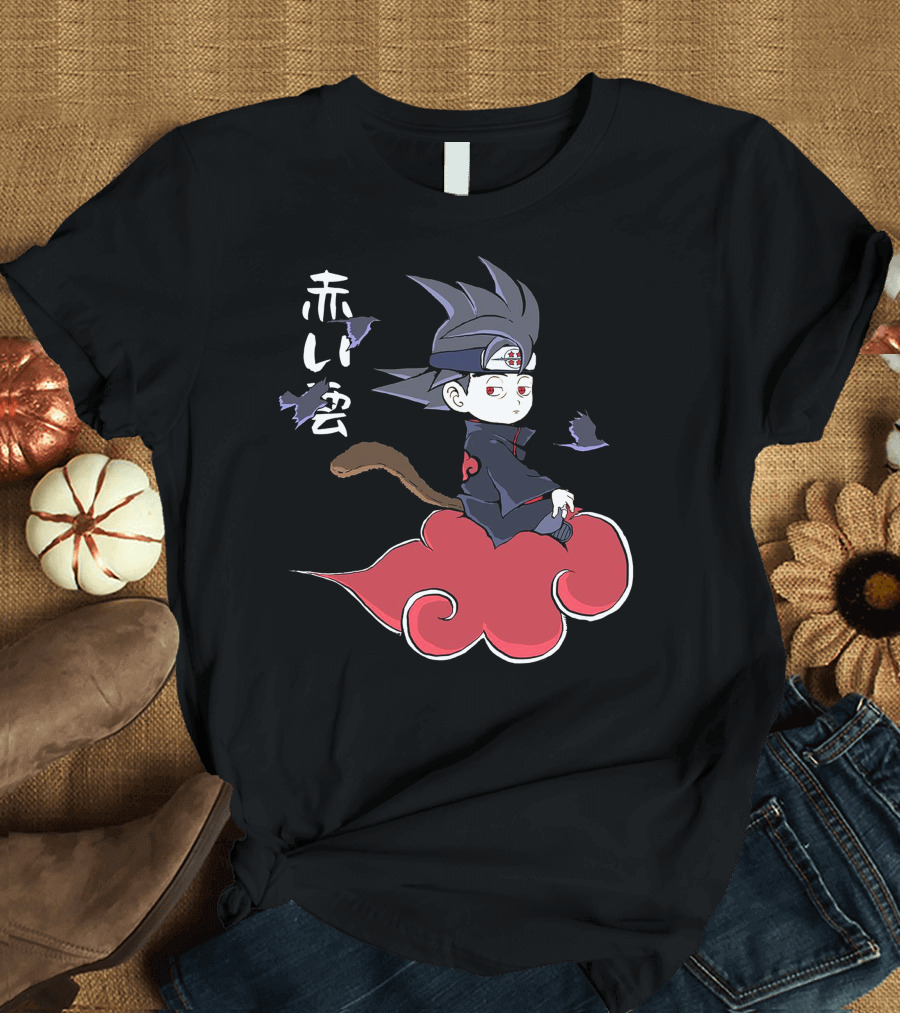 Itachi Uchiha Akatsuki Riding Red Cloud with Kanji and Purple Crows T-Shirt