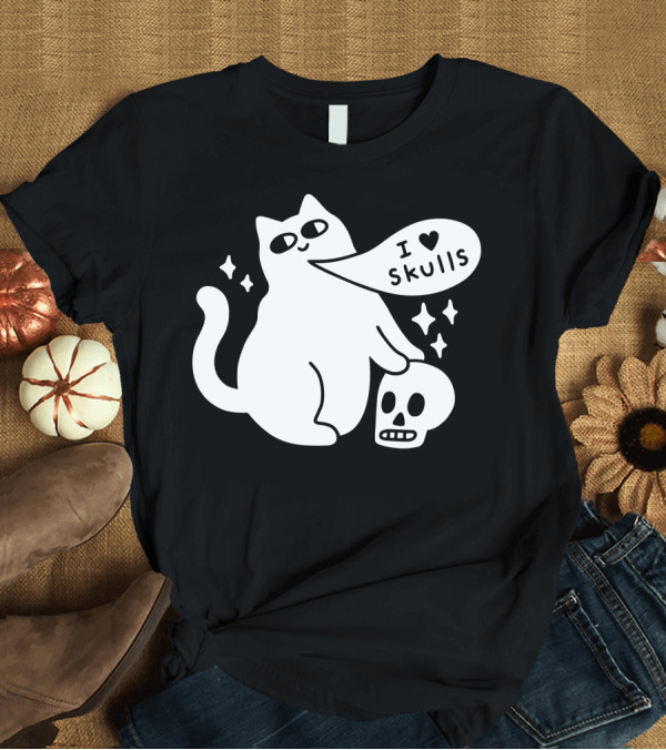 T-Shirt: I Love Skulls Cat with Speech Bubble and Stars T-Shirt I Love Skulls Cat with Speech Bubble and Stars T-Shirt