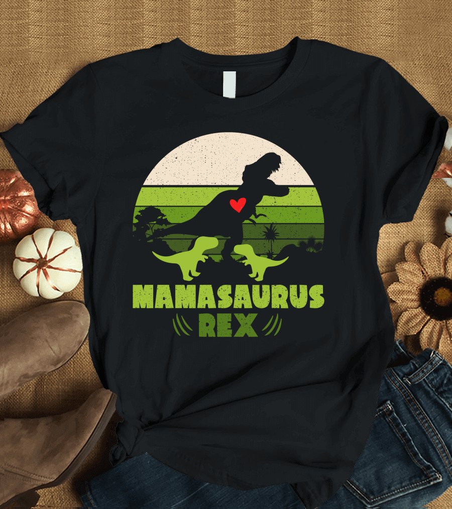 Mamasaurus Rex Silhouette with Heart and Baby Dinosaurs in Green Circle T-Shirt