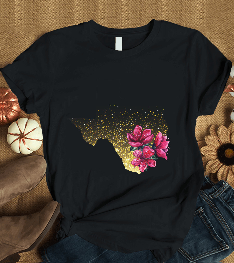 Texas Map with Floral Blooms and Gold Sparkle Embellishment T-Shirt
