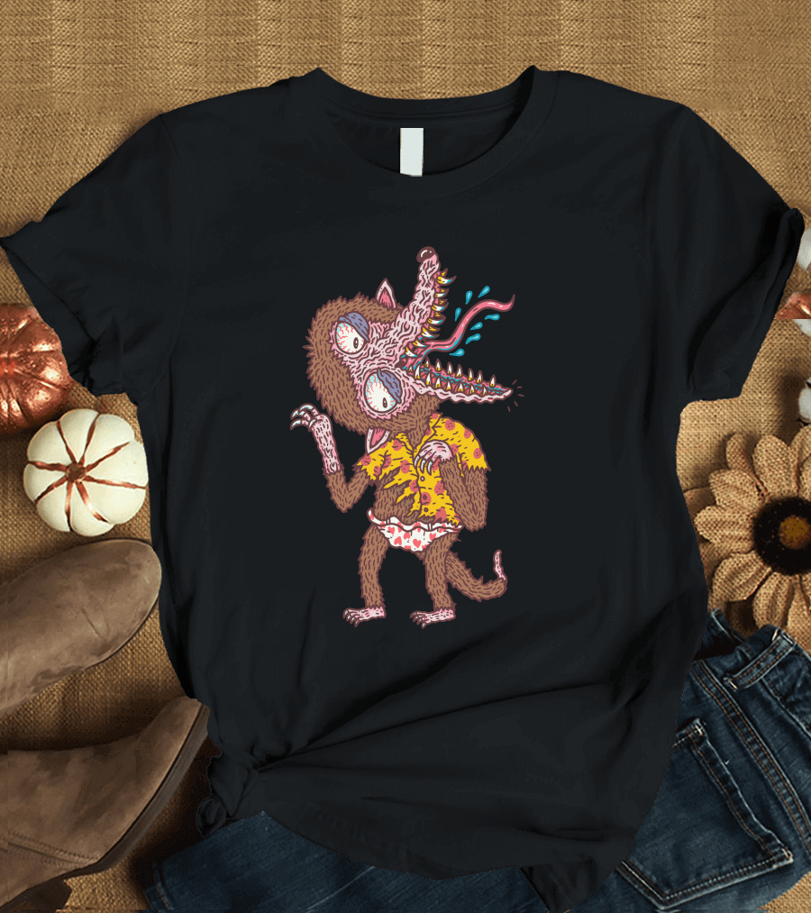 Werewolffman Cartoon Creature in Yellow Shirt with Open Mouth and Sharp Teeth T-Shirt