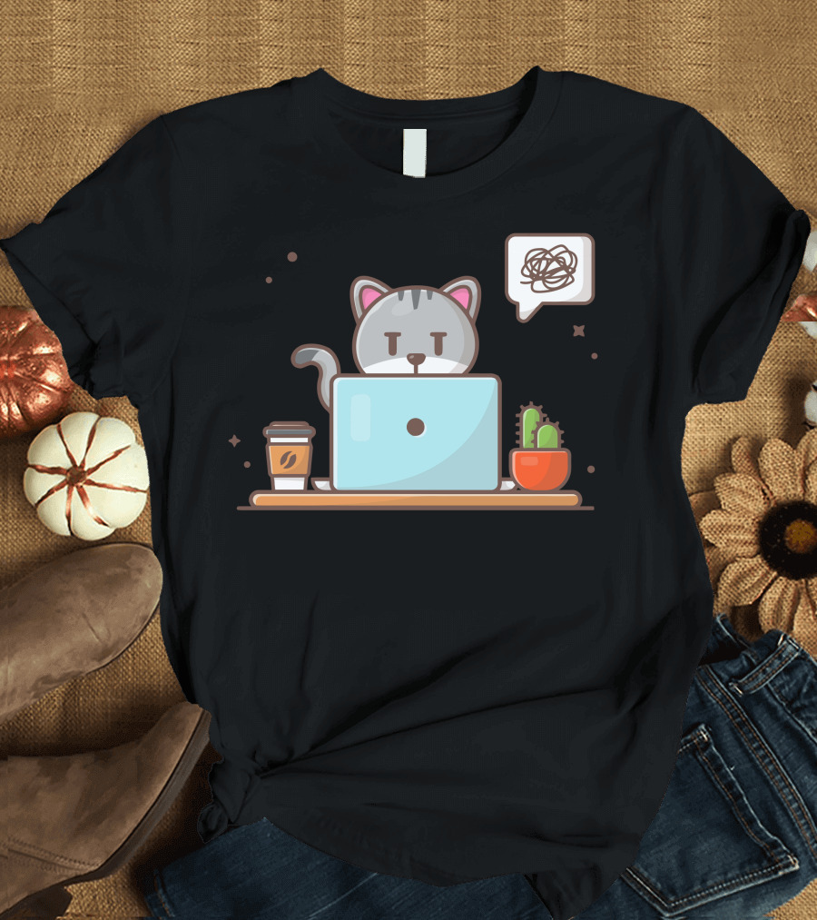 Angry Cat Frustrated Laptop Work Coffee Cactus T-Shirt