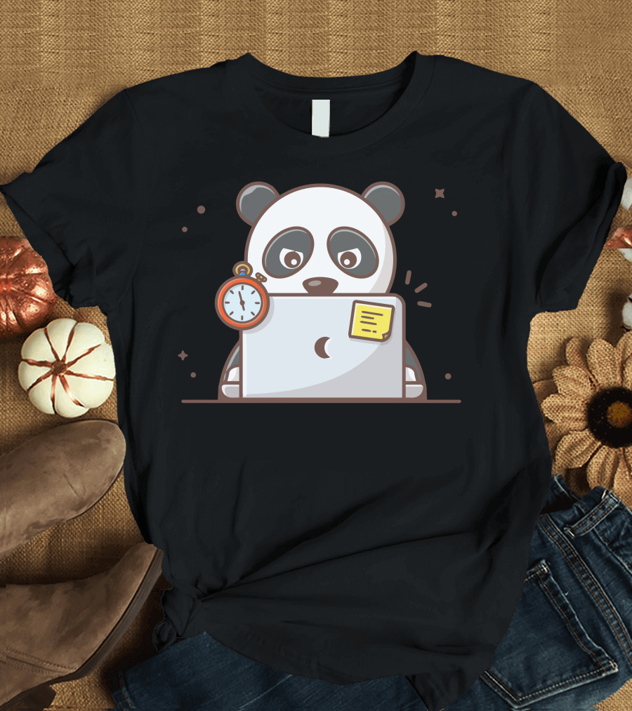 Panda Laptop Stopwatch Cartoon T-Shirt