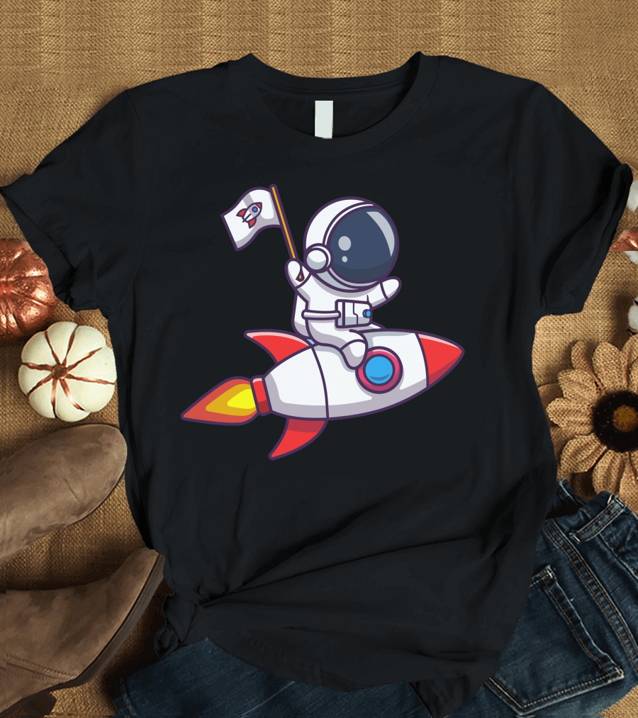 Astronaut Holding Flag Riding Rocket with Red and White T-Shirt
