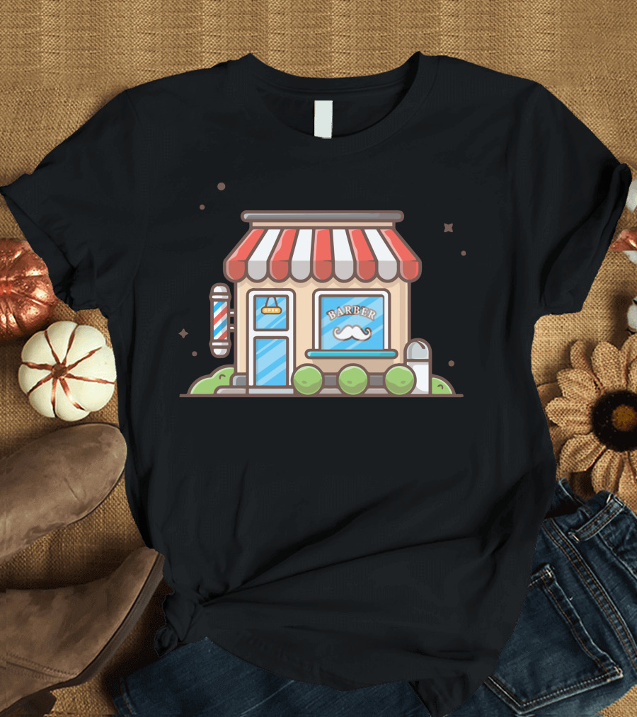 Barber Shop with Red and White Pole and Mustache Window Display with Plants T-Shirt