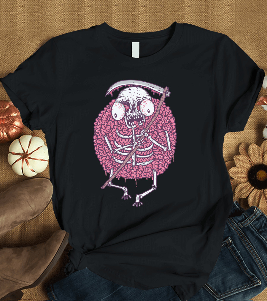 Brainy Reaper Skull with Scythe Surrounded by Brain T-Shirt