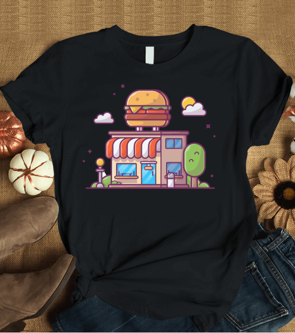 T-Shirt: Burger Shop Fast Food Restaurant Building Featuring Burger Clouds and Tree Elements T-Shirt Burger Shop Fast Food Restaurant Building Featuring Burger Clouds and Tree Elements T-Shirt