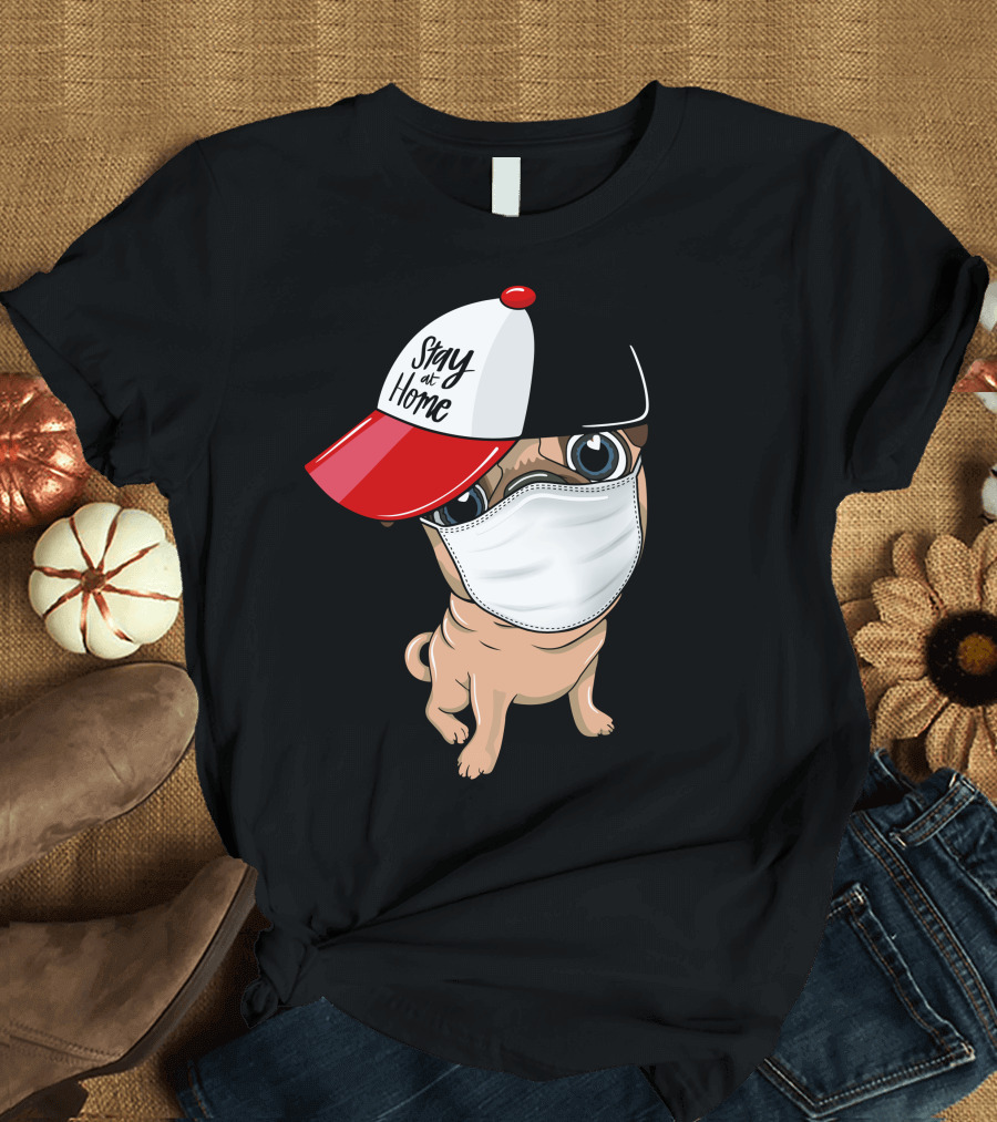 Stay at Home Masked Dog in Red and Black Cap T-Shirt