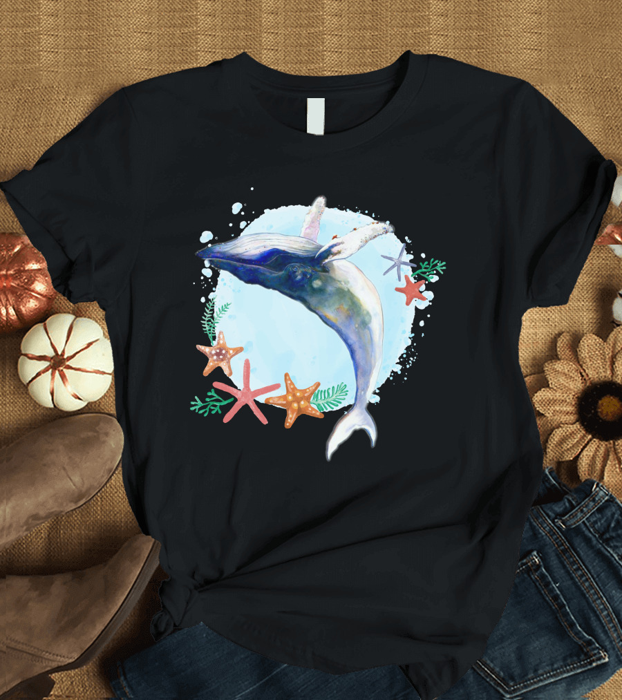 Dolphin Watercolor Humpback Whale Ocean Starfish Marine T-Shirt