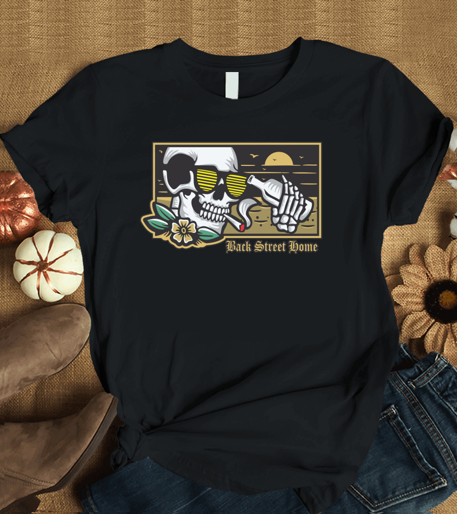 Back Street Home Skull with Sunglasses and Bottle T-Shirt