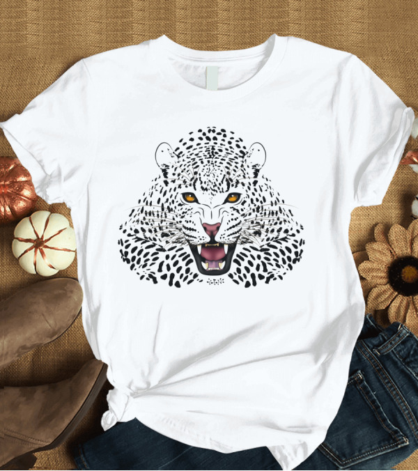 T-Shirt: White Leopard Fierce Golden Eyes Snarling Face T-Shirt White Leopard Fierce Golden Eyes Snarling Face T-Shirt