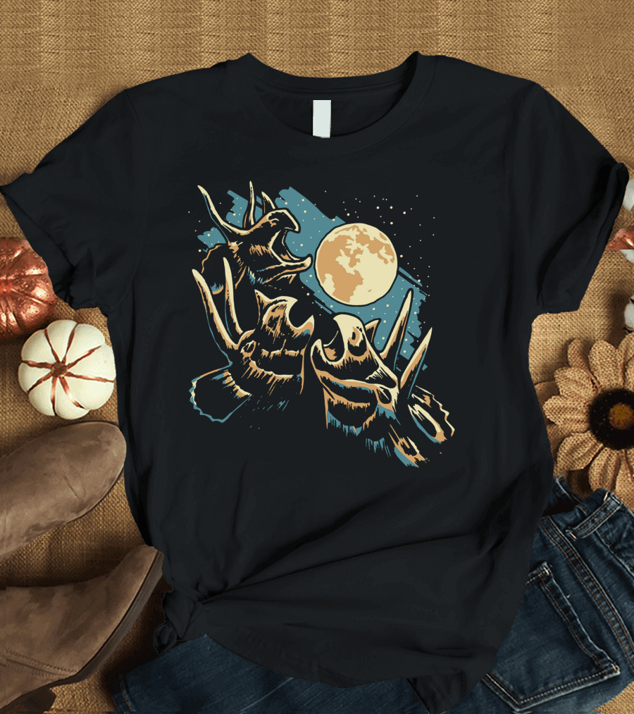Three Triceratops Howling at Full Moon T-Shirt