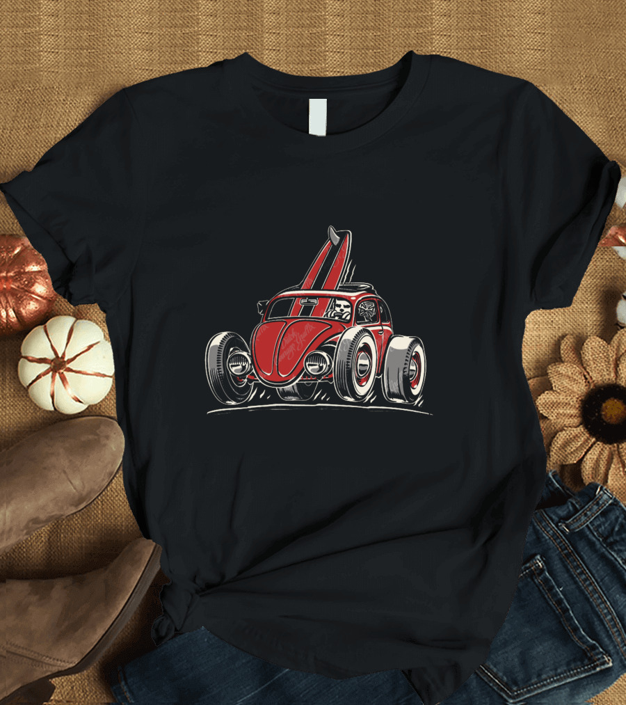 Beetle Volks Rod Cartoon Red Surfboard T-Shirt