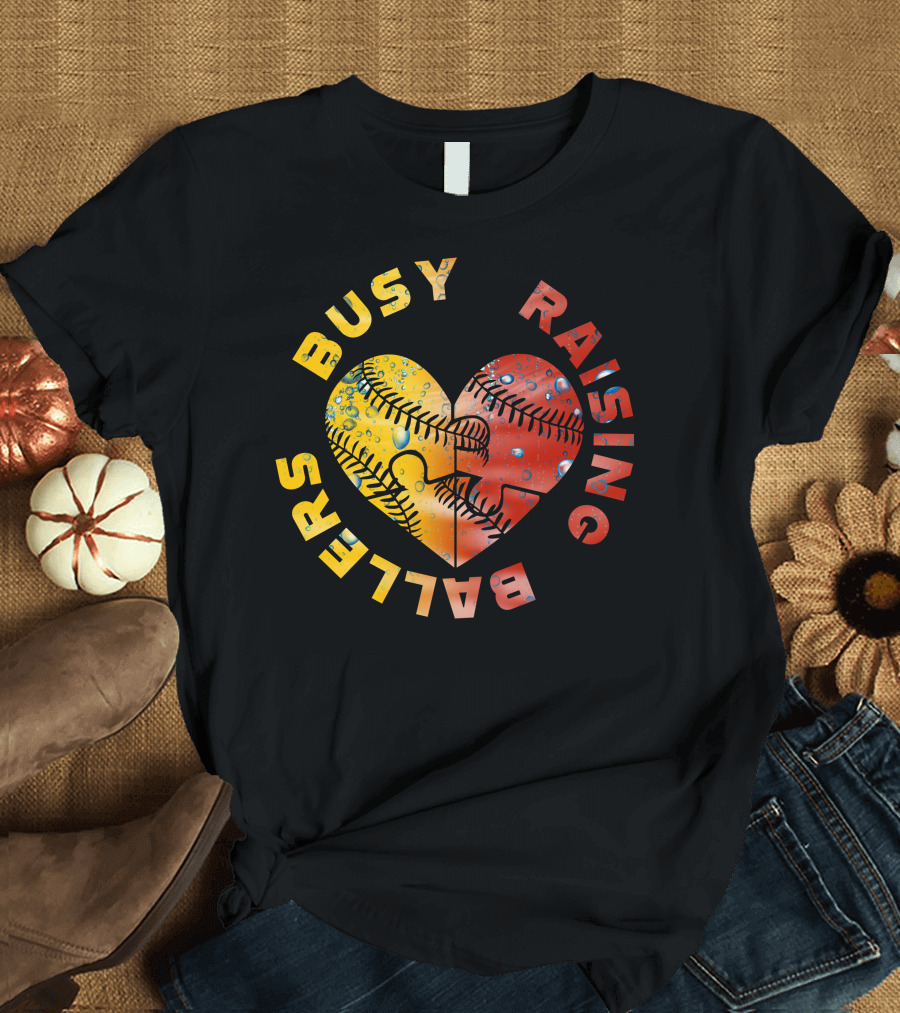 Busy Raising Ballers Puzzle Heart Baseball Softball T-Shirt