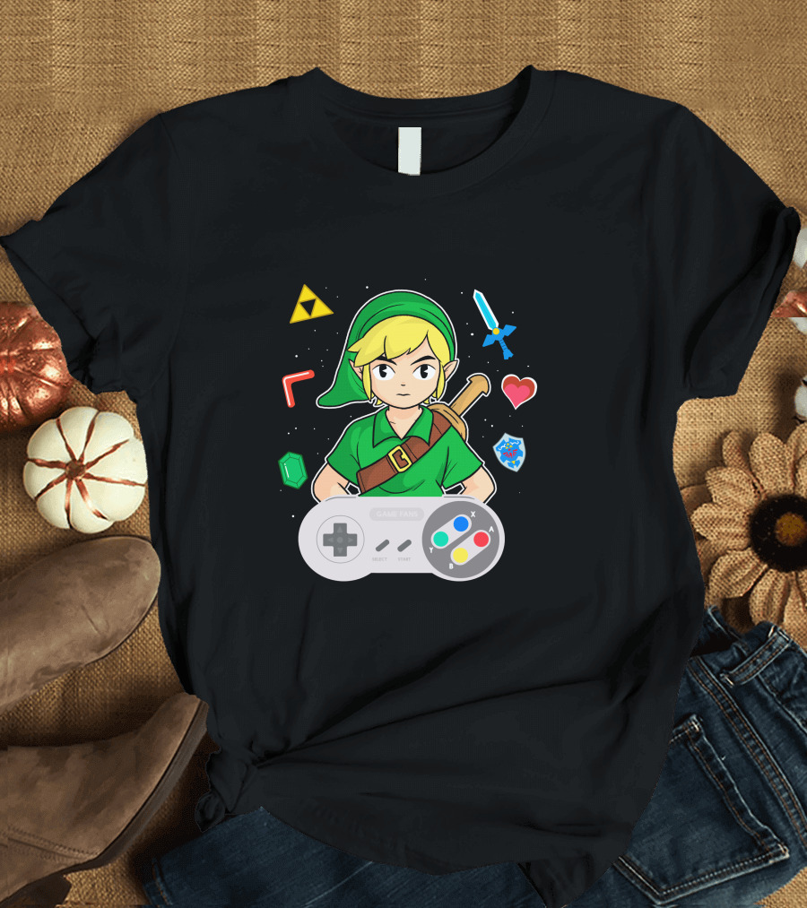 Link Console Adventure with Triforce Sword Heart Shield and Retro Controller T-Shirt