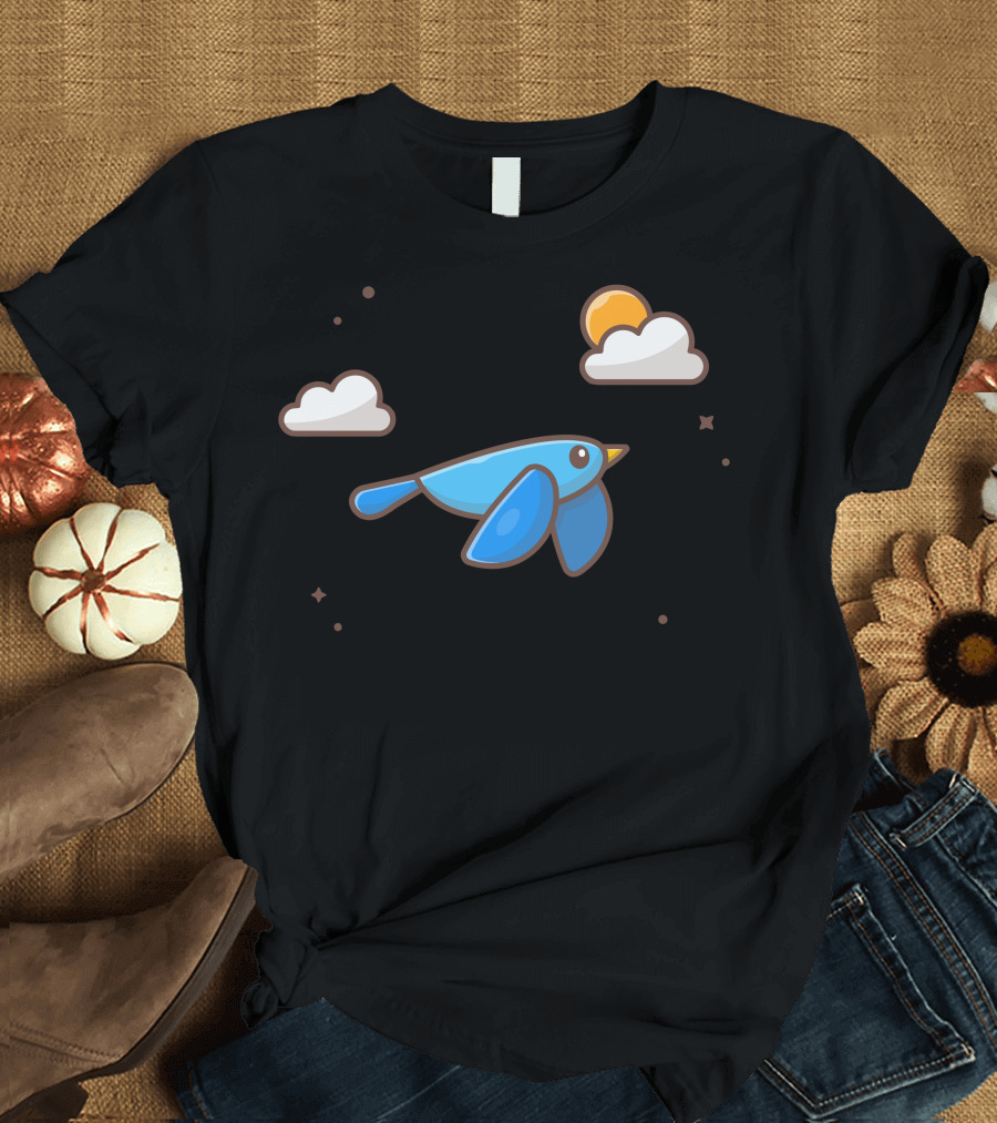 Cute Blue Bird Soaring Amidst Fluffy Clouds and Bright Sun T-Shirt