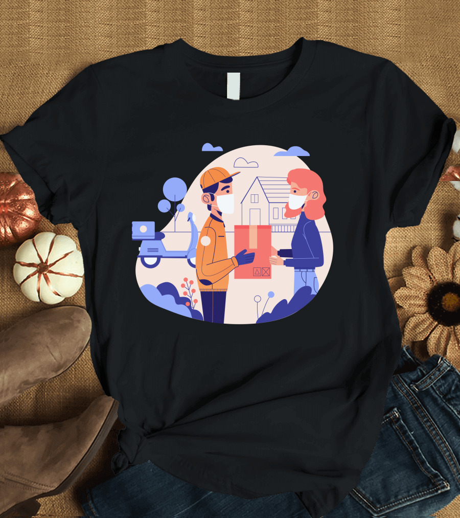 Delivery Service with Masks in Contactless Exchange Scene T-Shirt
