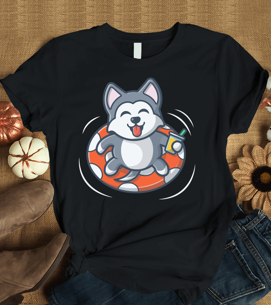 Dog Relaxing on Inflatable Ring with Drink at the Beach T-Shirt