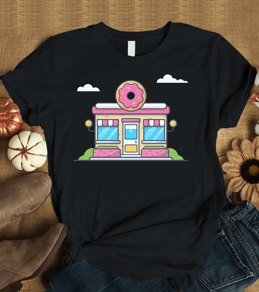 Donut Shop Cute Cartoon Bakery with Pink Icing Donut and Striped Awnings T-Shirt