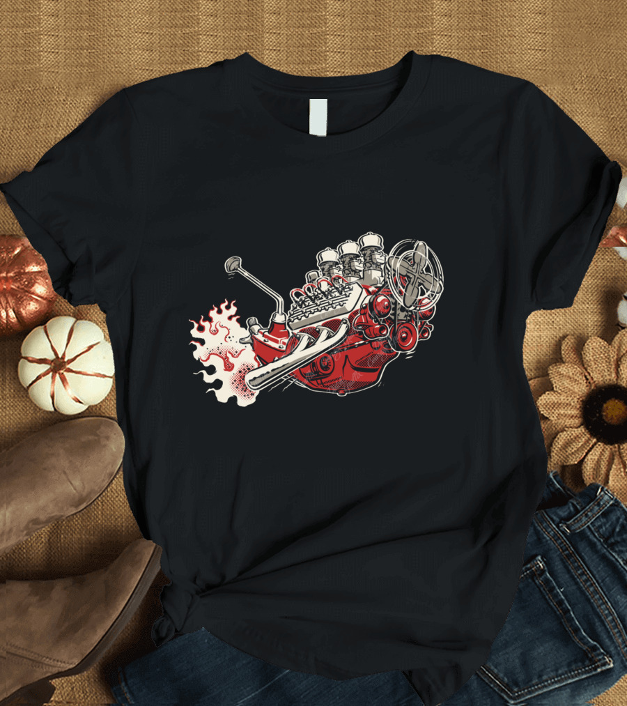 Flying Flattie Flathead Cartoon Hot Rod Engine with Flames T-Shirt