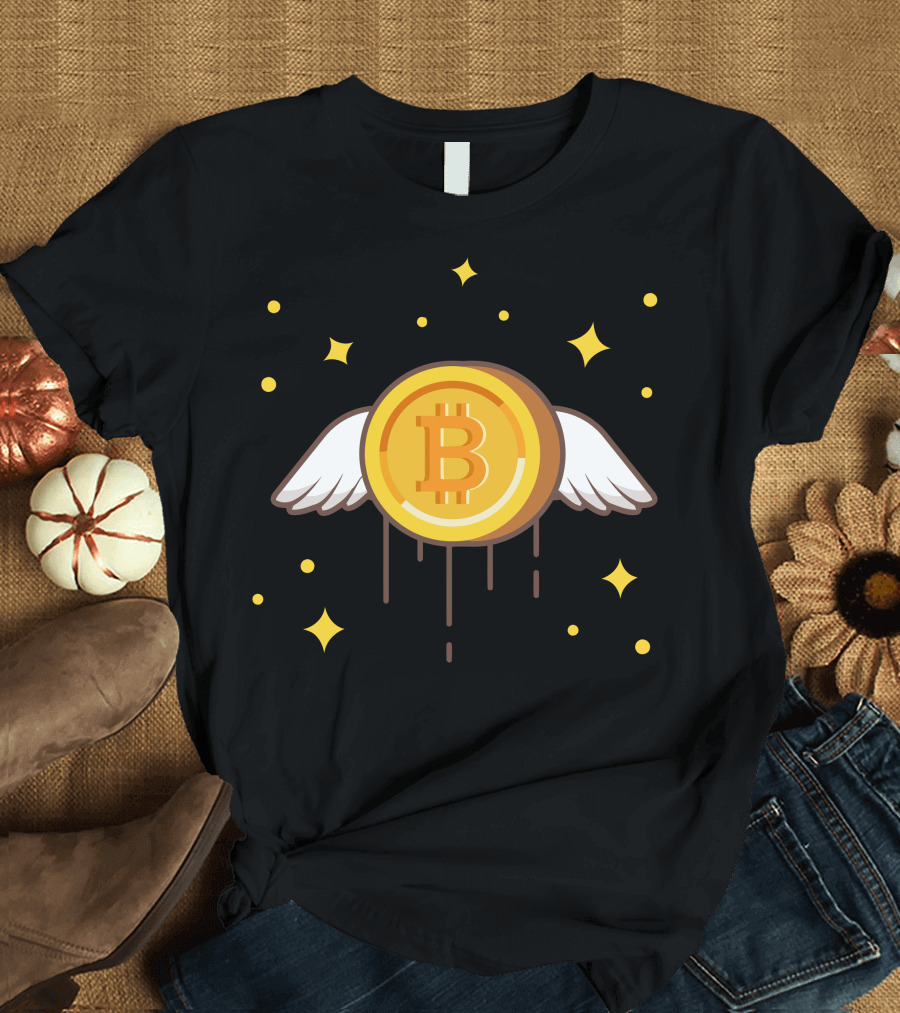 Flying Gold Bitcoin with Wings and Stars T-Shirt