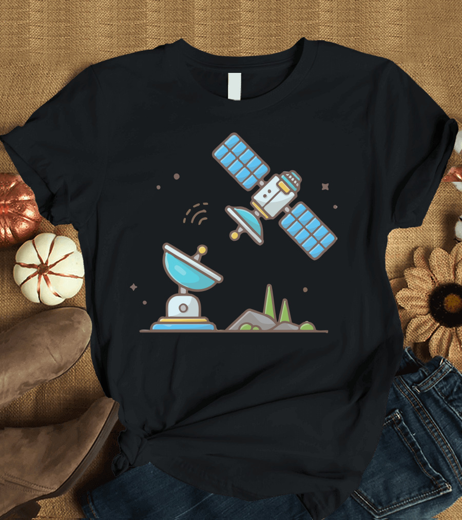 Flying Satellite With Communication Antenna and Space Elements T-Shirt